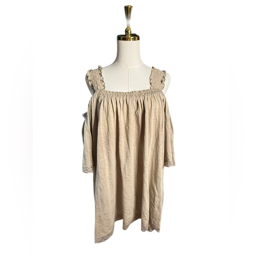 Cato Beige Cold-Shoulder Ruffle Strap Top Tan with Lace Accent Size 22 / 24
